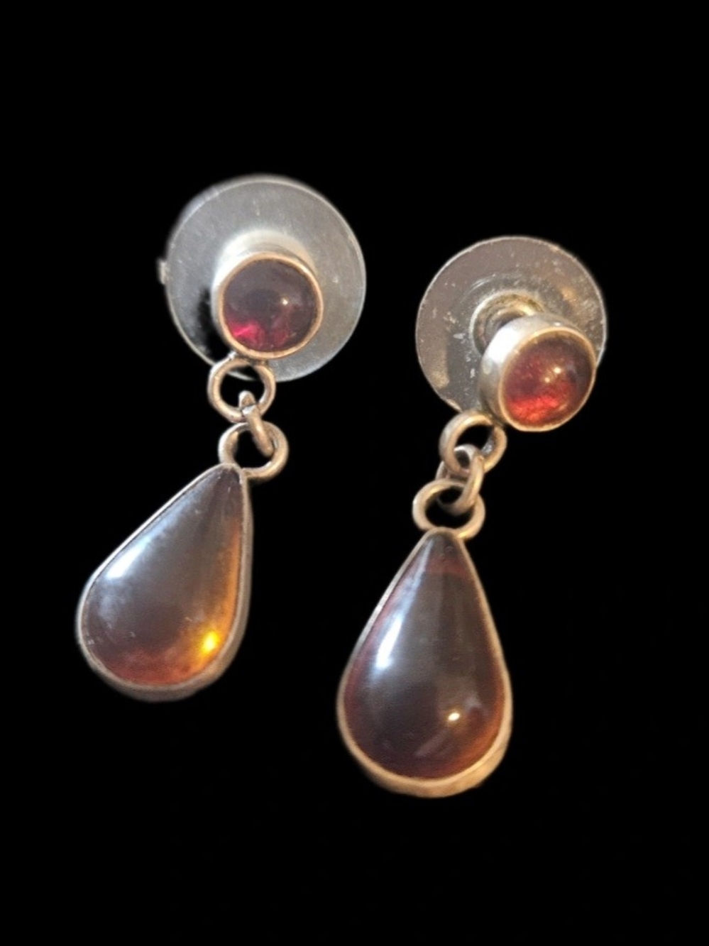 Vintage Amber Dangle Drop Earrings Metal Bezel